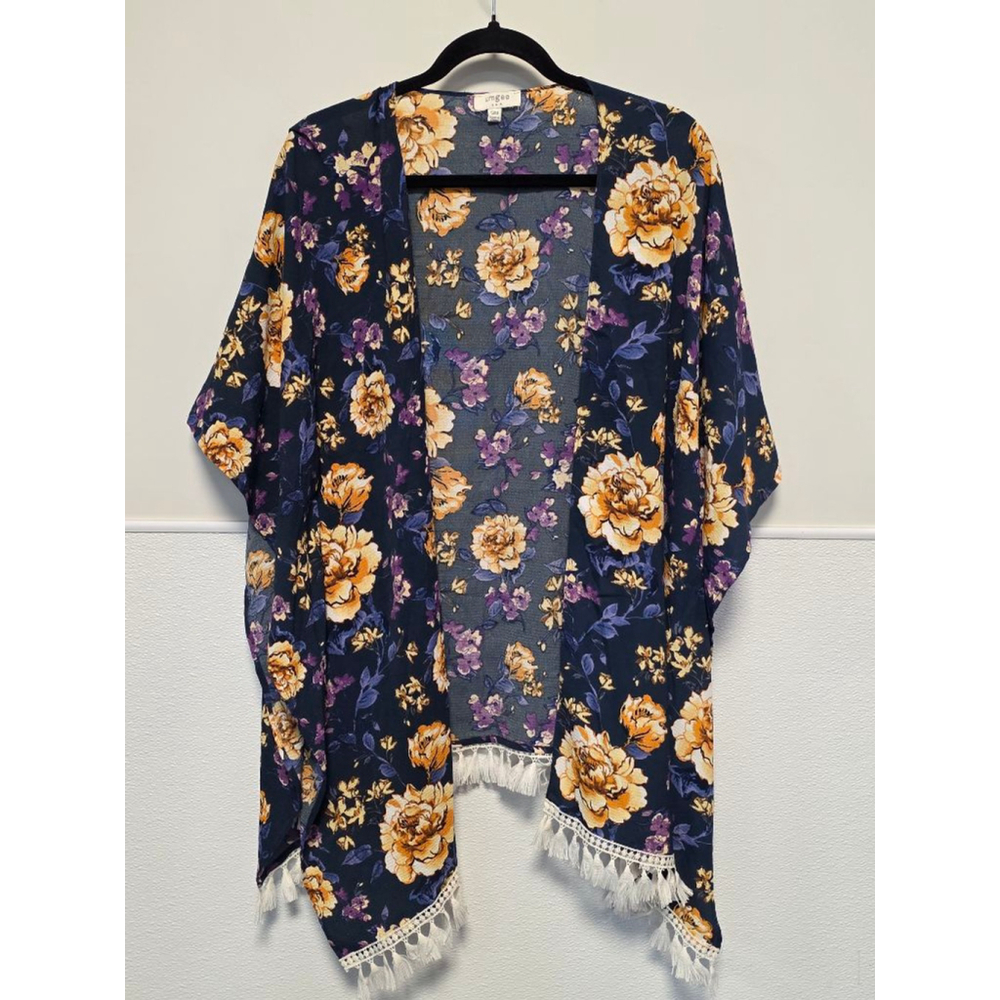 Women's Umgee Navy Floral Kimono with Yellow & Purple‎ Flowers S/M